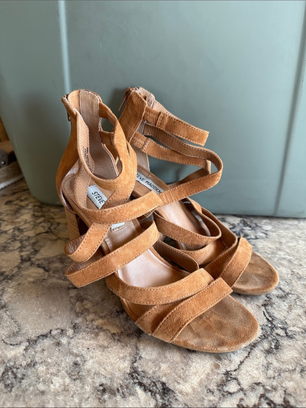 Steve Madden Cognac Suede Strappy Block Heel Sandals